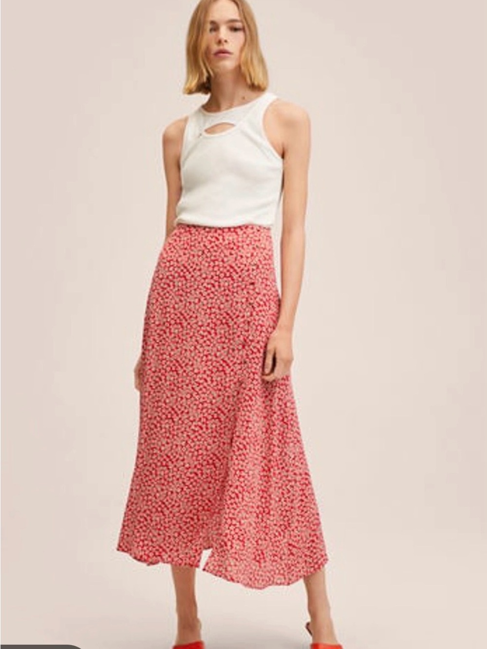Mango Red Floral Midi Skirt
